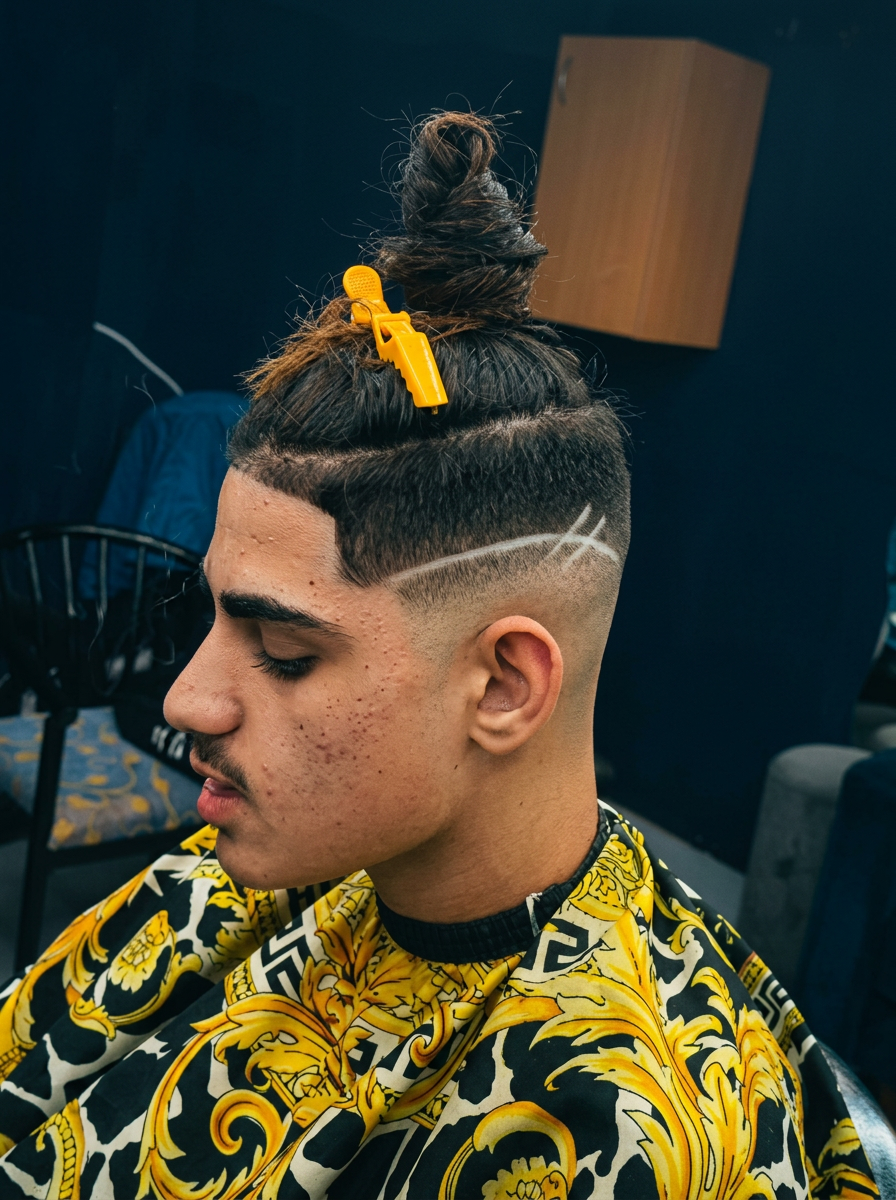 Top knot with skin fade and razor design