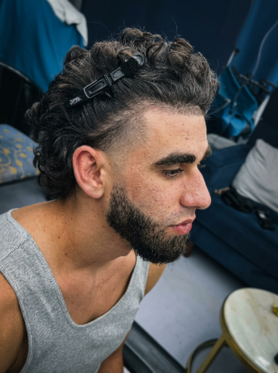 Curly mullet with sharp beard line up